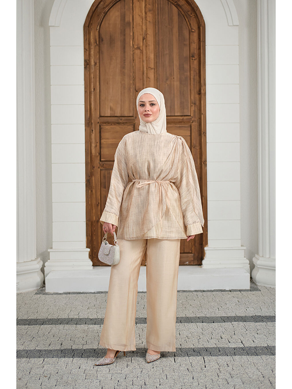 Ekru Kadın Yaka Şal Detay Bel Bağlamalı Takım Krem-3
