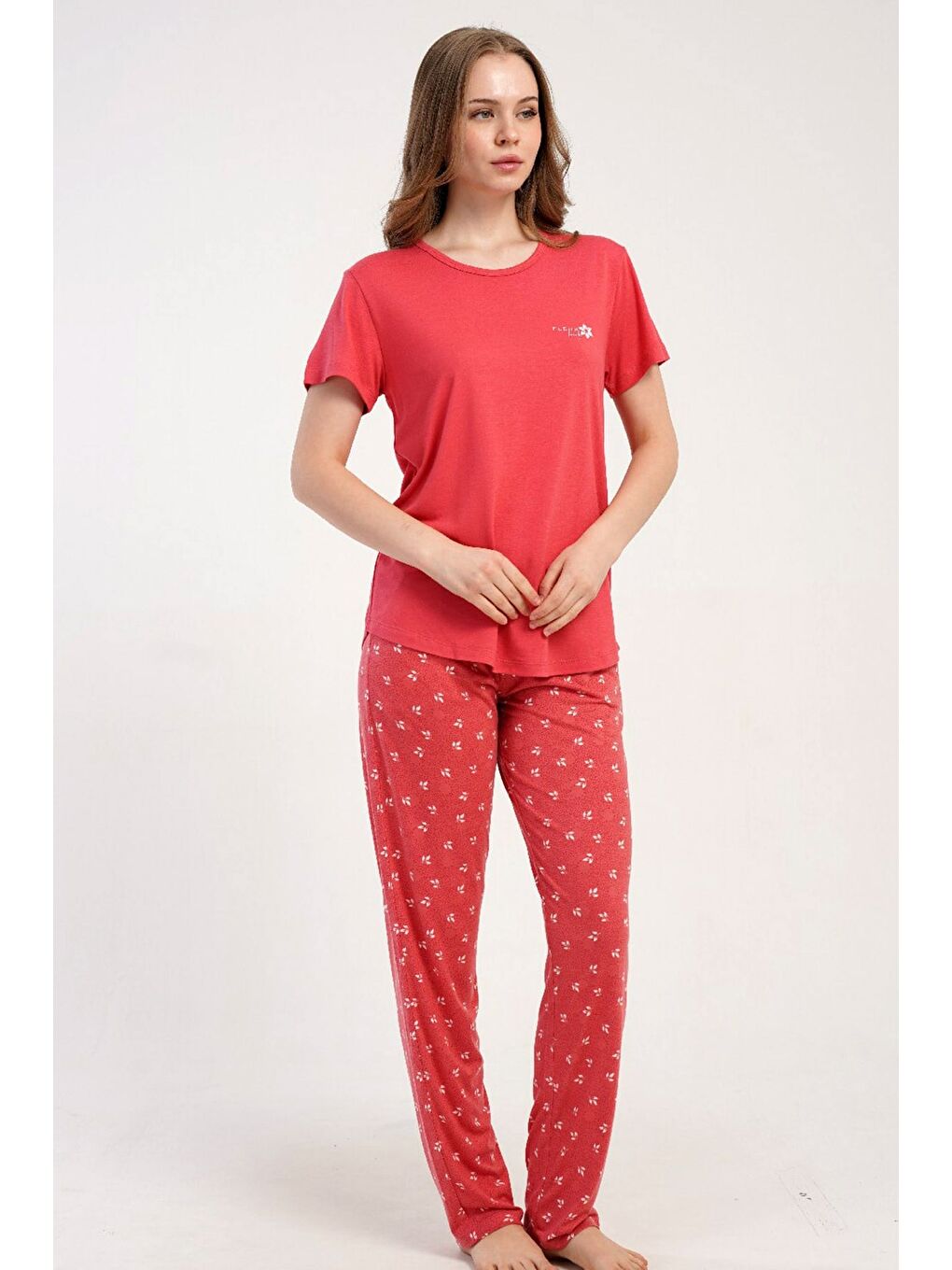 Pembe Yuvarlak Yaka Kısa Kollu Pijama Takımı Gül Kurusu-512213-1