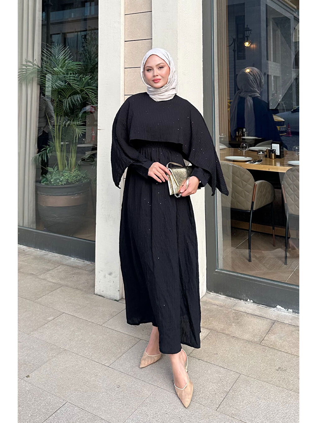 Kadın Pelerin Detay Çizgili Elbise Siyah-1