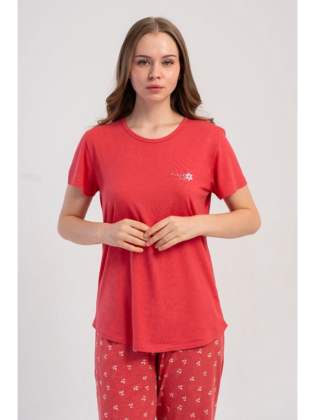 Pembe Yuvarlak Yaka Kısa Kollu Pijama Takımı Gül Kurusu-512213-2