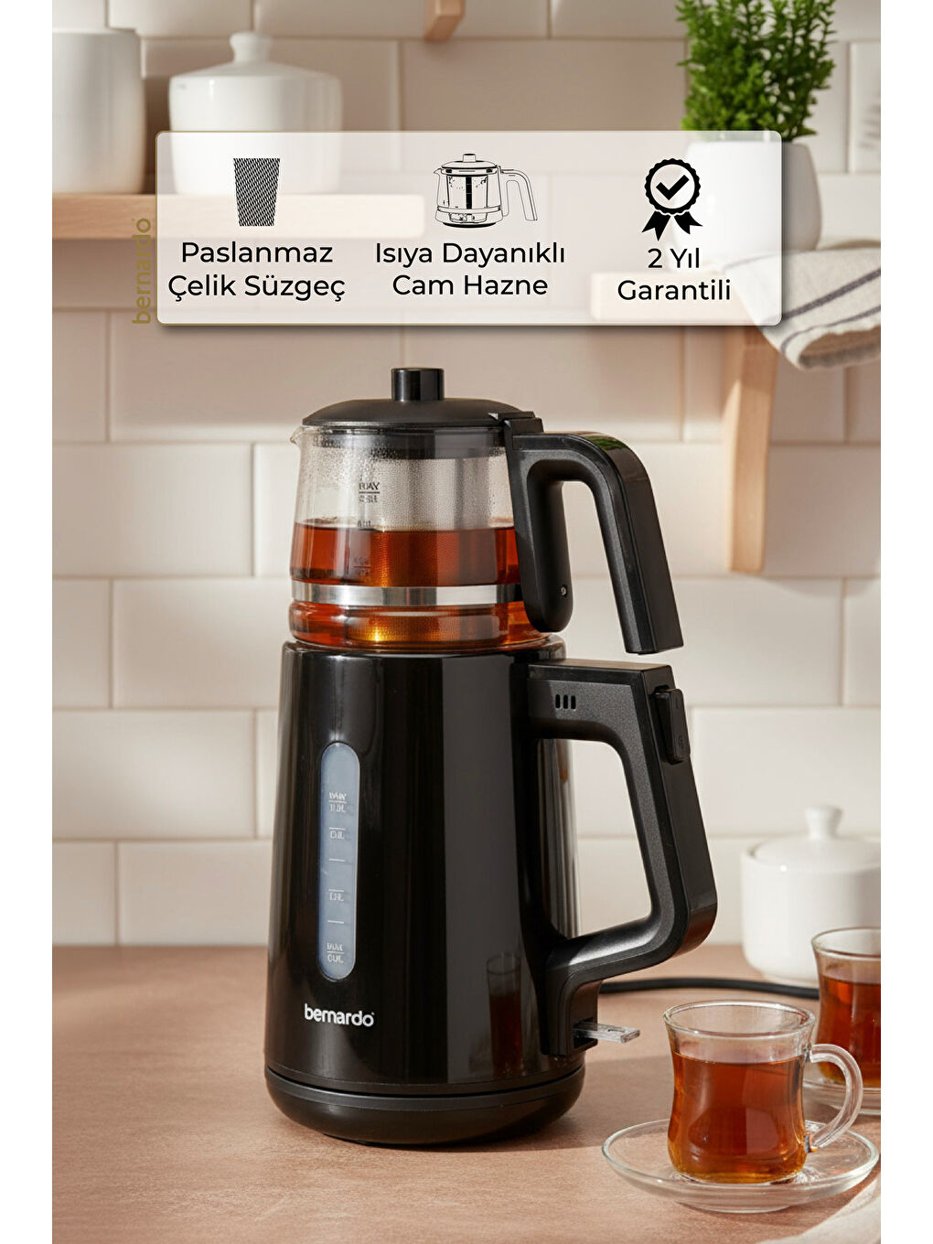 Venedik Cam Demlikli Çay Makinesi Siyah-5