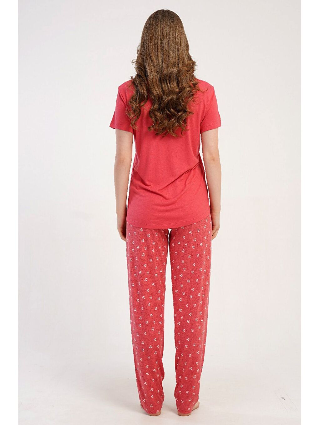 Pembe Yuvarlak Yaka Kısa Kollu Pijama Takımı Gül Kurusu-512213-3
