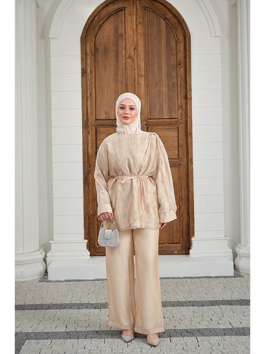 Ekru Kadın Yaka Şal Detay Bel Bağlamalı Takım Krem-4