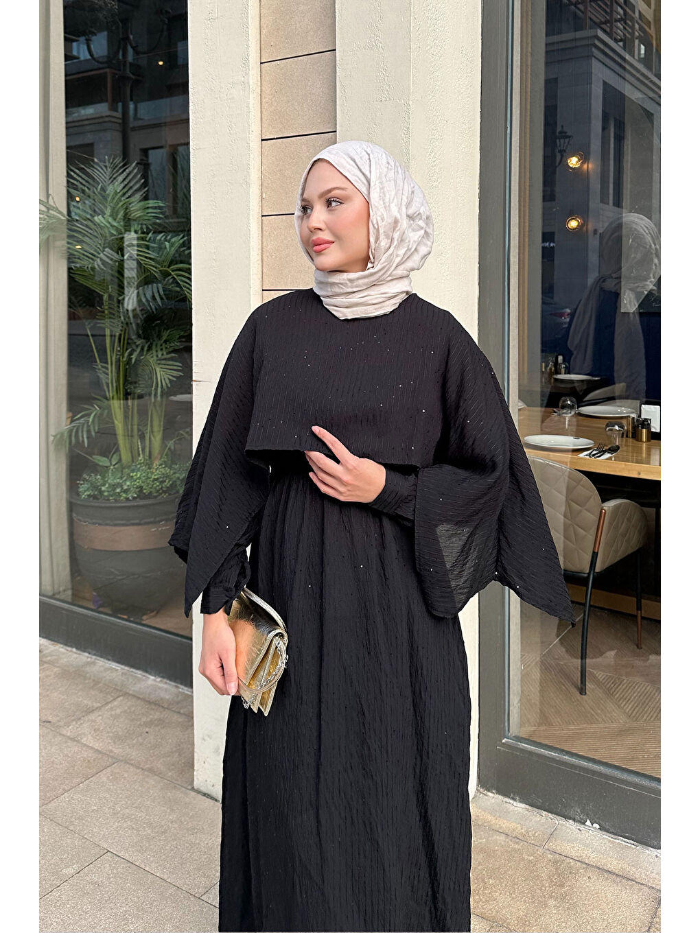 Kadın Pelerin Detay Çizgili Elbise Siyah-2