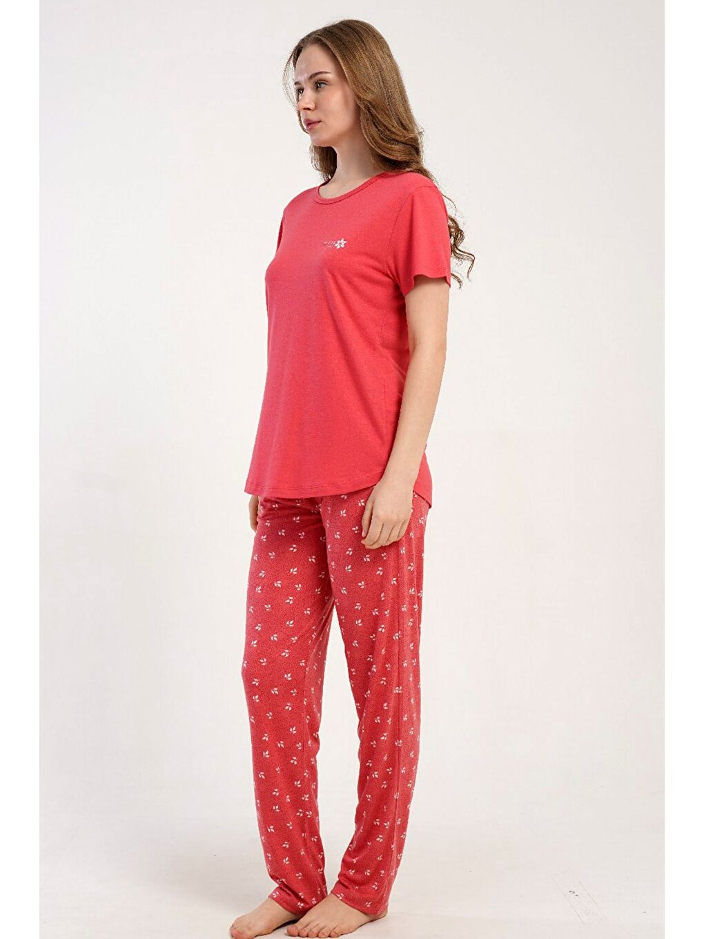 Pembe Yuvarlak Yaka Kısa Kollu Pijama Takımı Gül Kurusu-512213-4