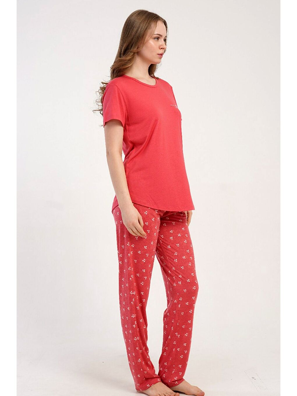 Pembe Yuvarlak Yaka Kısa Kollu Pijama Takımı Gül Kurusu-512213-5