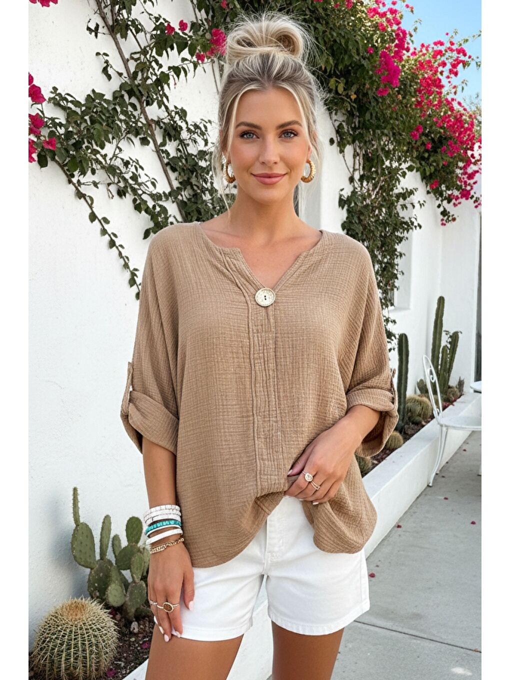 Kahverengi Camel Havuz Yaka Düğmeli 3/4 Kol Yıkamalı Casual Müslin Dokuma Bluz 75 70