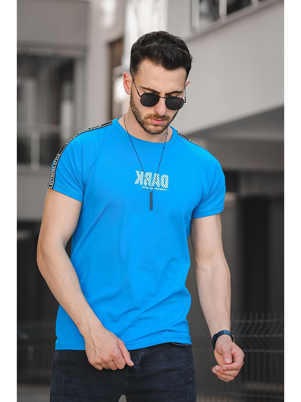 Mavi Dark Baskılı Omuz Şeritli Slim Fit Elastanlı Erkek Tişört