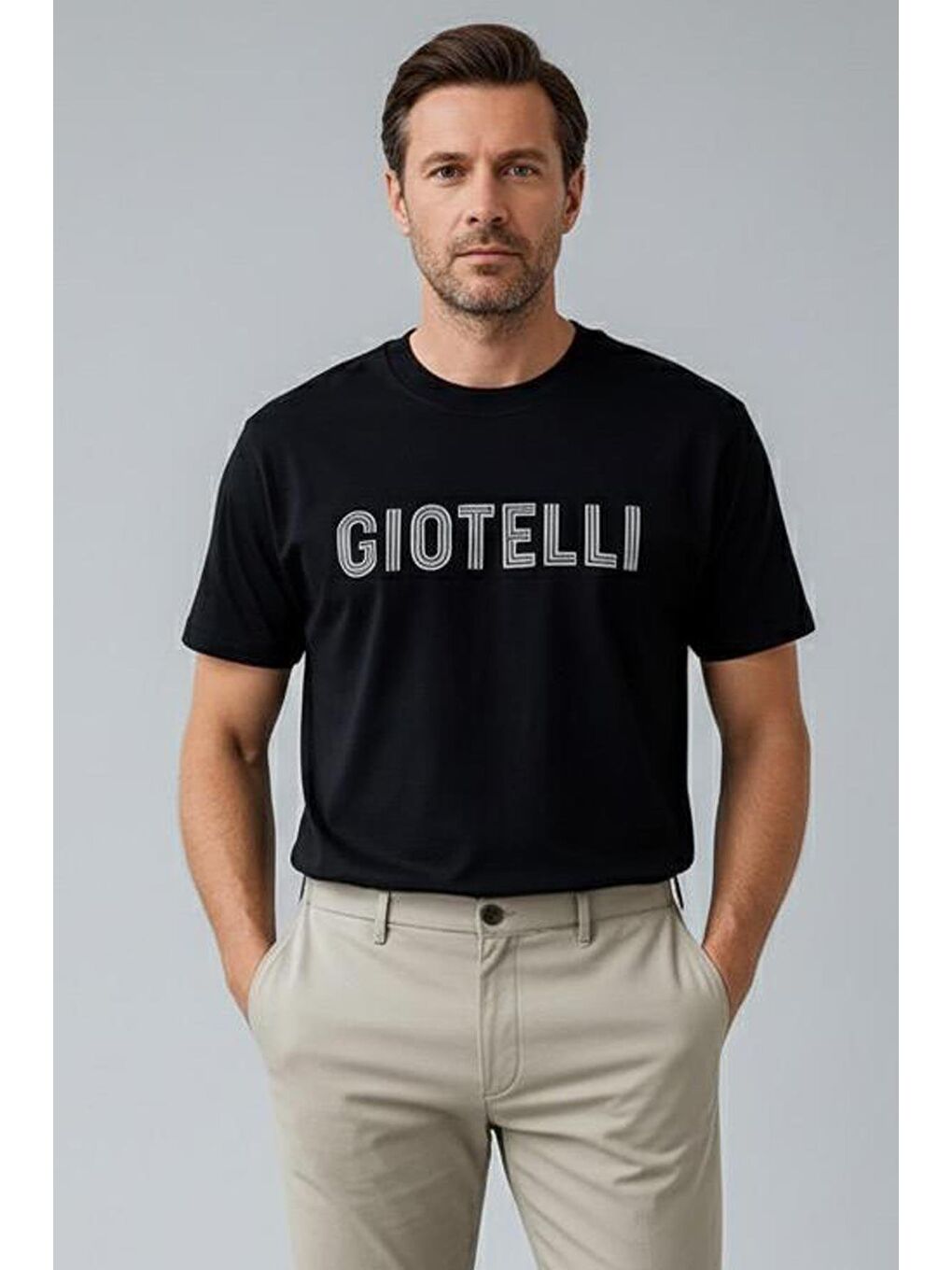 Giotelli Siyah Regular Fit %100 Pamuklu Baskılı Bisiklet Yaka Tişört