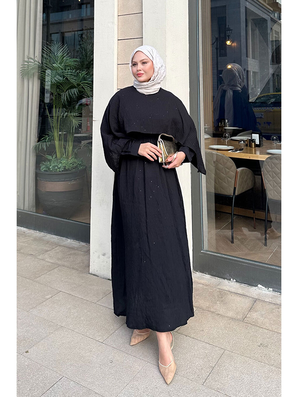 Kadın Pelerin Detay Çizgili Elbise Siyah-3