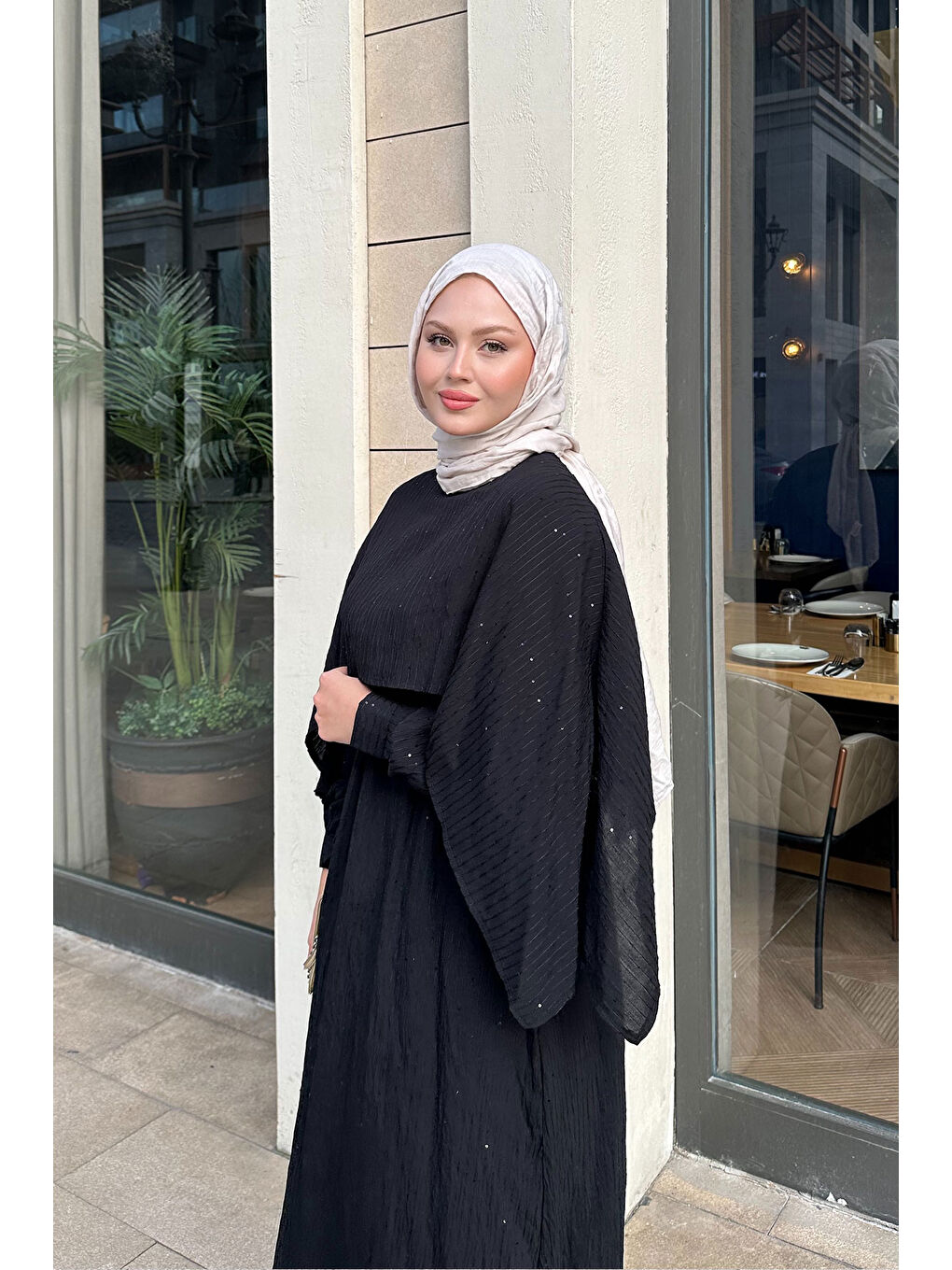 Kadın Pelerin Detay Çizgili Elbise Siyah-4