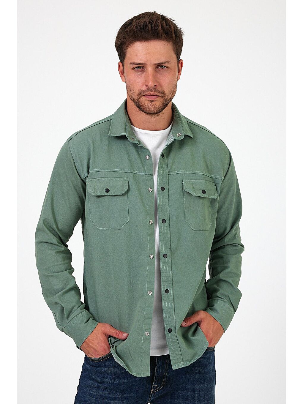 Yeşil Regular Fit Çift Cepli Çıt Çıt Düğme Detaylı  Erkek Jean Gömlek RF0290