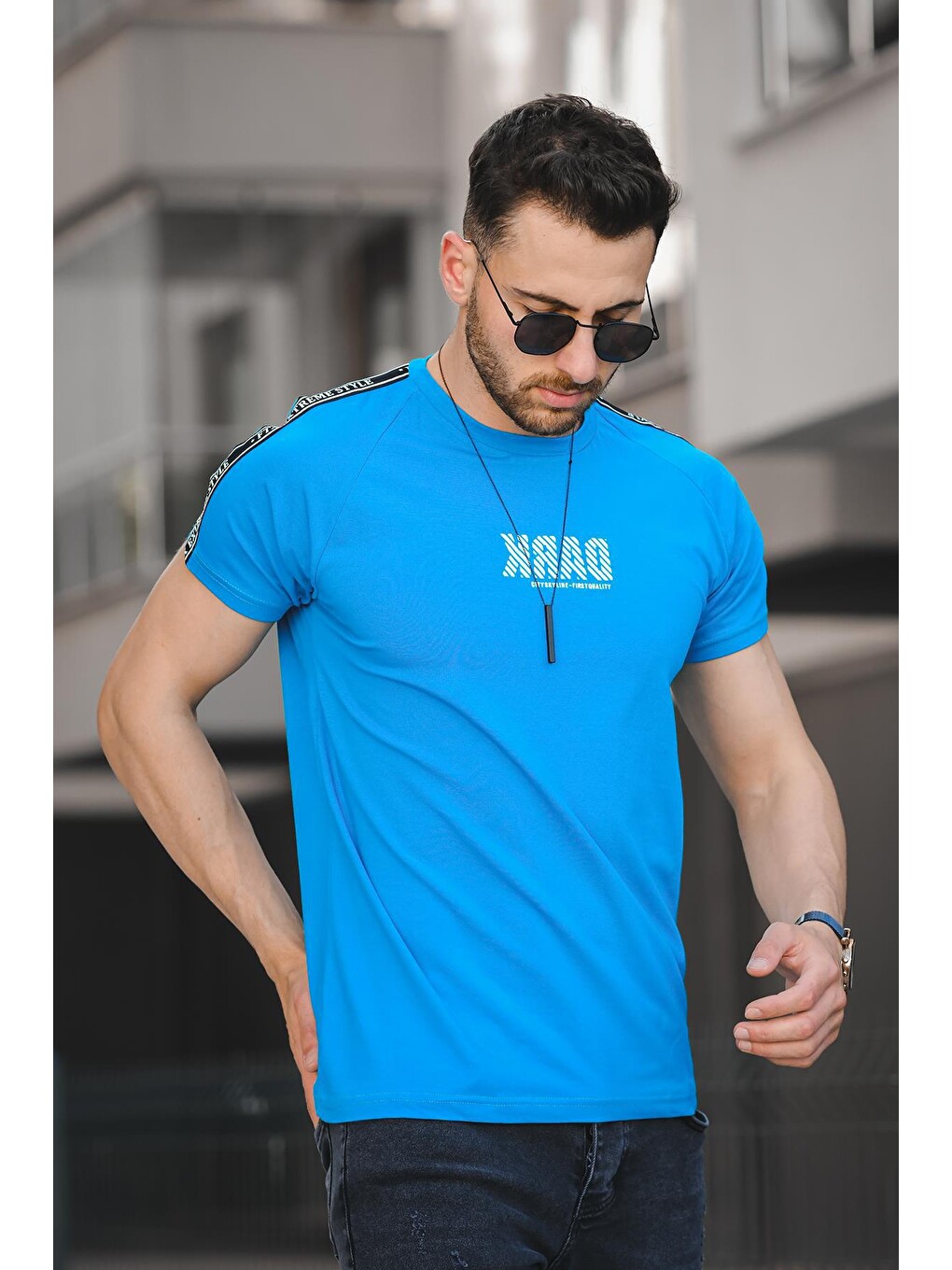 Mavi Dark Baskılı Omuz Şeritli Slim Fit Elastanlı Erkek Tişört-1