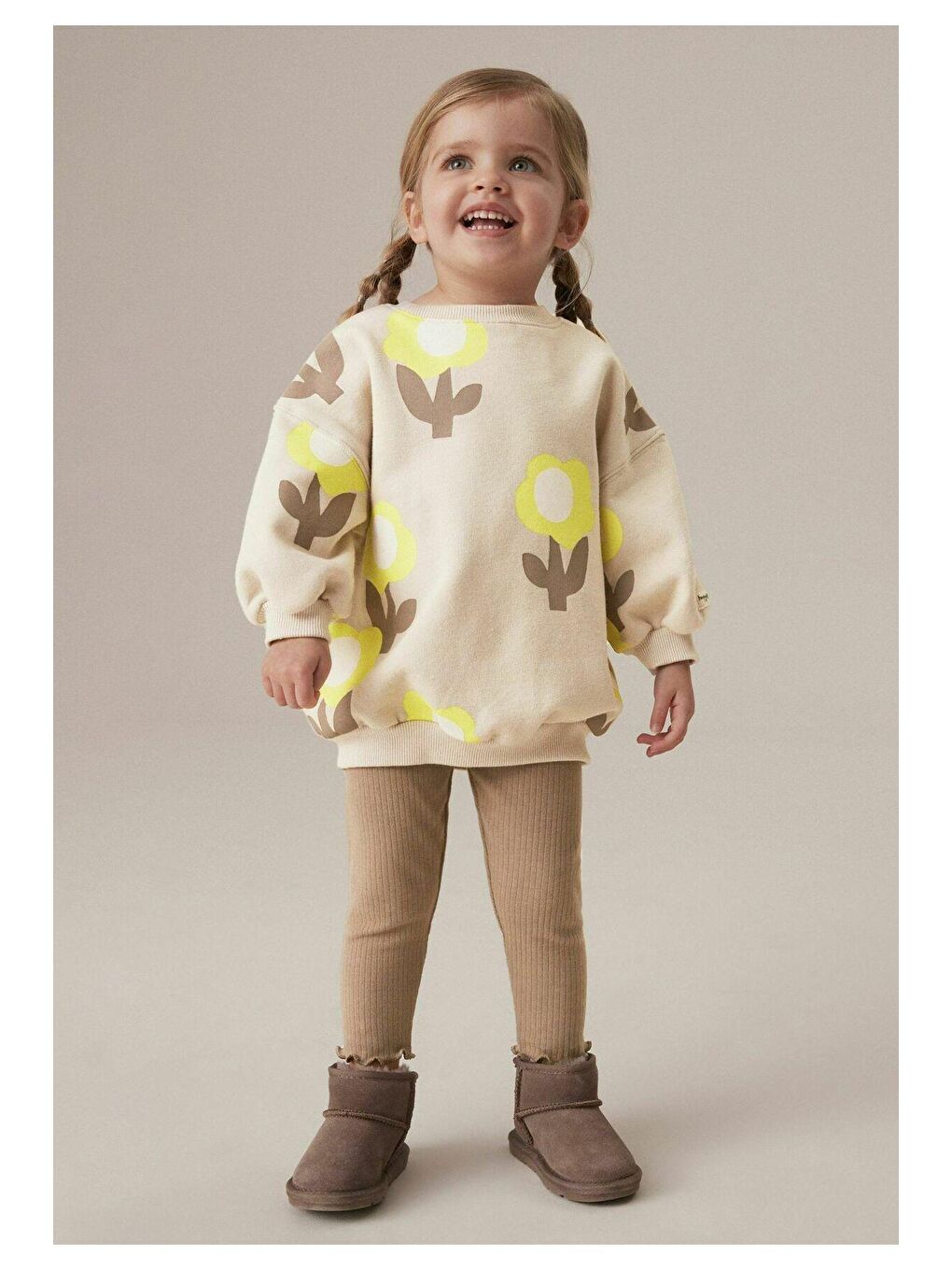 Siyah Kız Çocuk  Çiçek Baskılı Fitilli Taytlı Pamuklu Altüst Takım