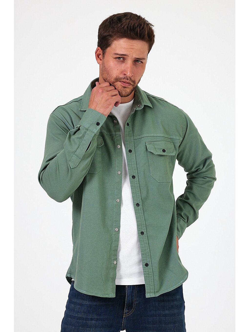 Yeşil Regular Fit Çift Cepli Çıt Çıt Düğme Detaylı  Erkek Jean Gömlek RF0290-1