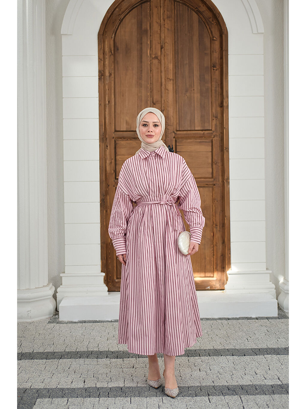 Kadın Çizgi Detay Bel Bağlamalı Elbise Pembe-1