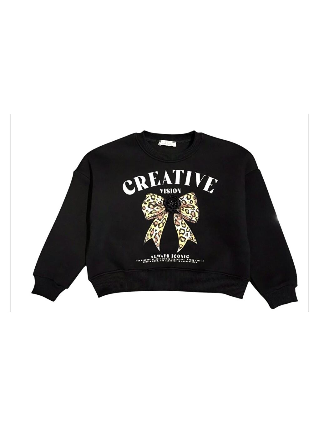 Little Star Siyah Kız Çocuk  Şardonlu Leopar Çiçek Aksesuarlı Sweatshirt