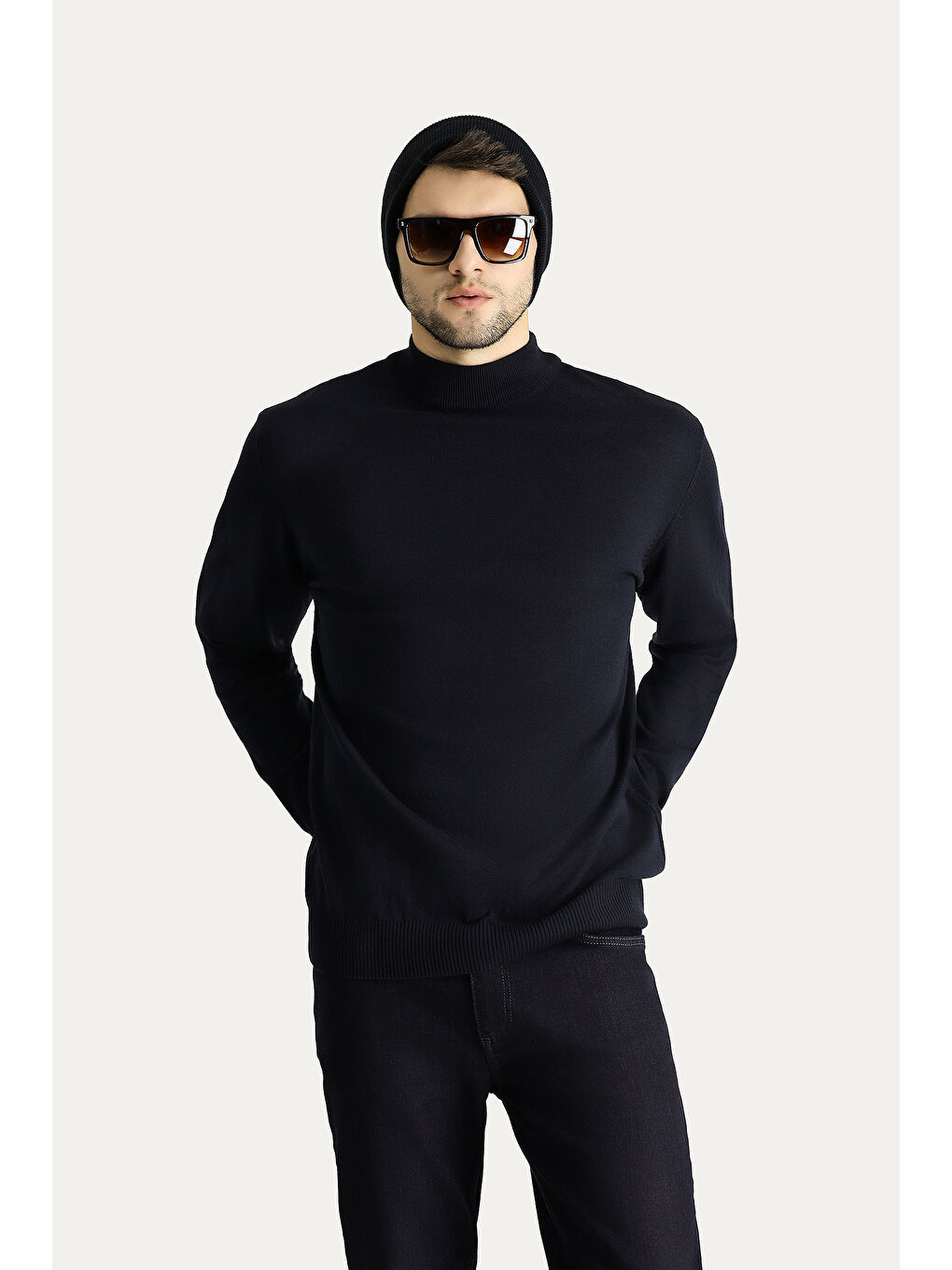 Lacivert Bato Yaka Slim Fit Dar Kesim Pamuklu Triko Kazak