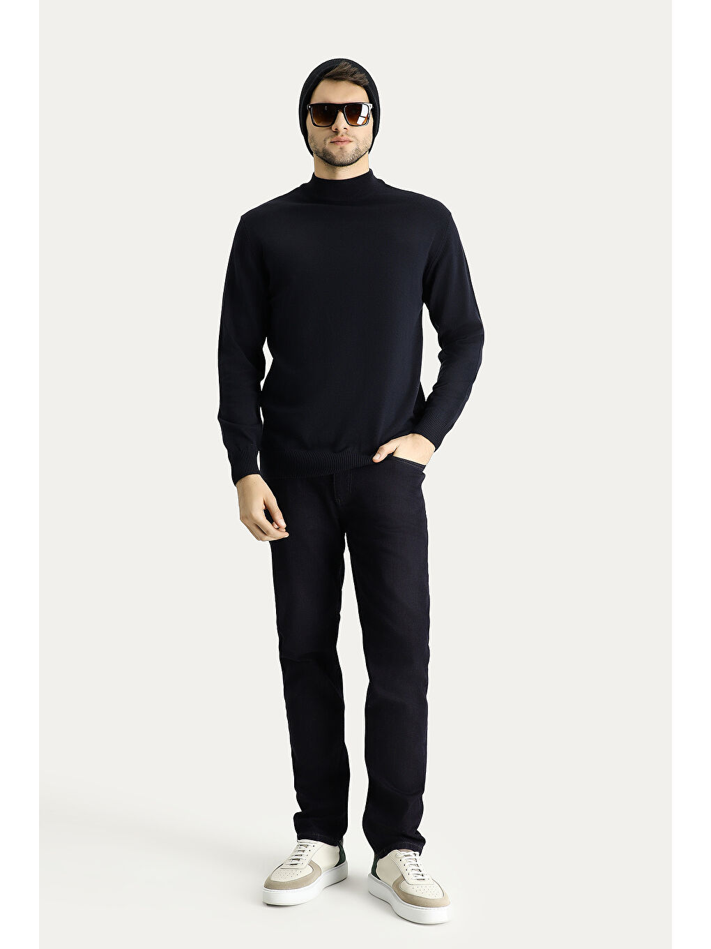 Lacivert Bato Yaka Slim Fit Dar Kesim Pamuklu Triko Kazak-1