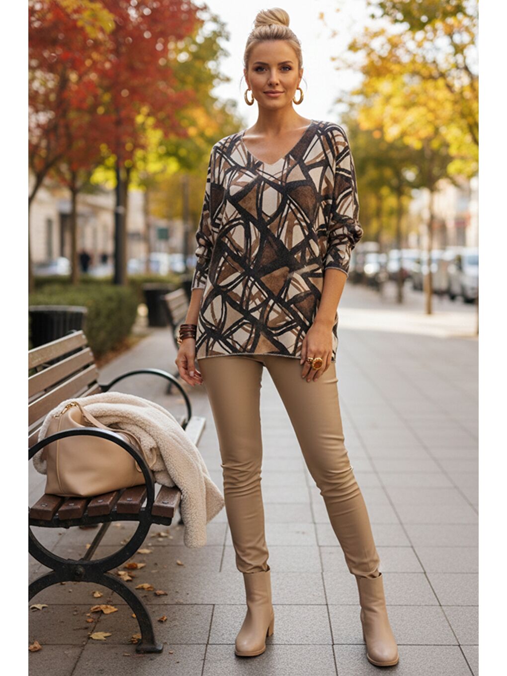 Kahverengi İtalyan Kahve-Bej V Yaka Uzun Kol Desenli İnce Casual Triko Bluz 68 65-3