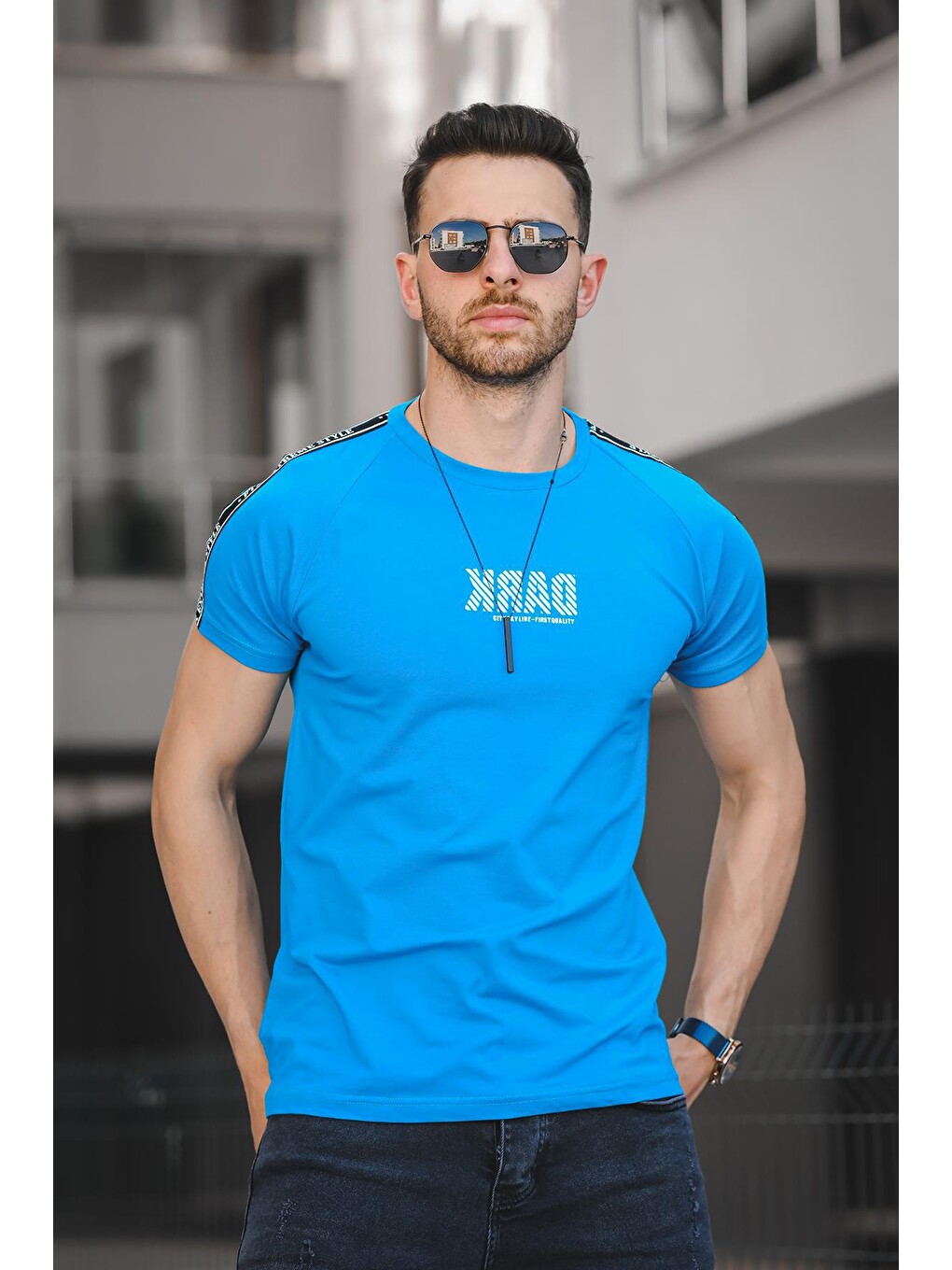 Mavi Dark Baskılı Omuz Şeritli Slim Fit Elastanlı Erkek Tişört-2