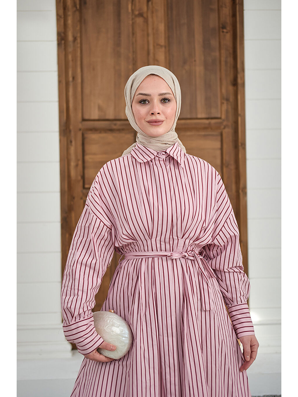 Kadın Çizgi Detay Bel Bağlamalı Elbise Pembe-2