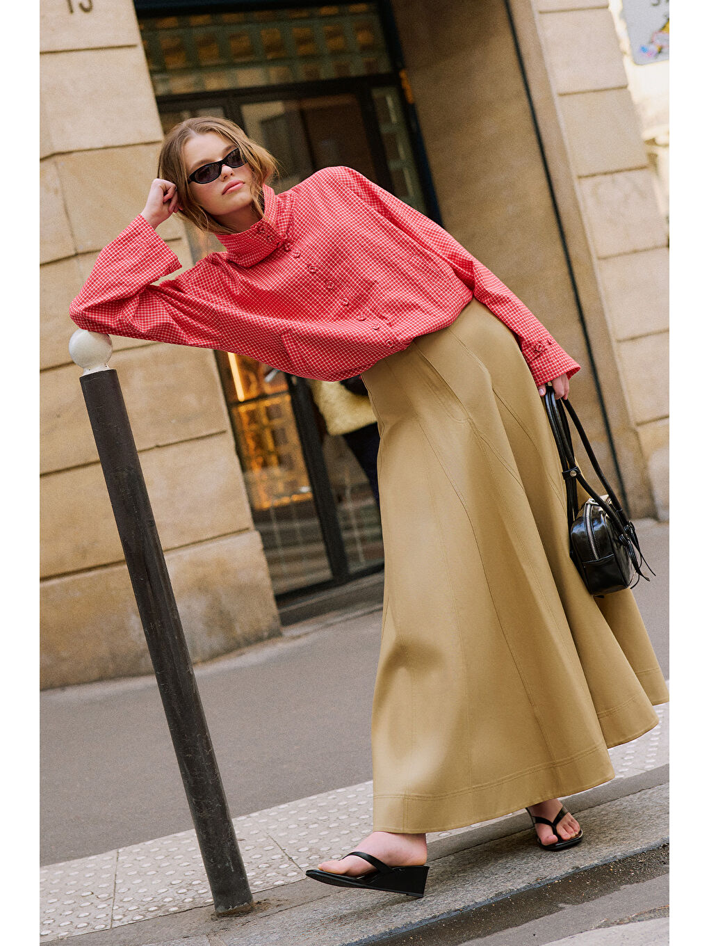 Kahverengi Parçalı Gabardin Etek Camel-1