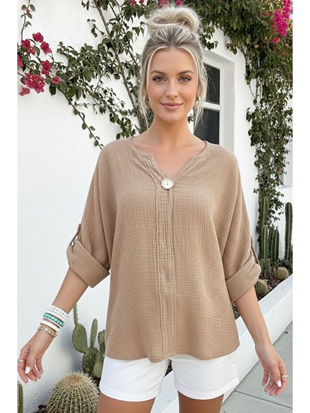 Kahverengi Camel Havuz Yaka Düğmeli 3/4 Kol Yıkamalı Casual Müslin Dokuma Bluz 75 70-3