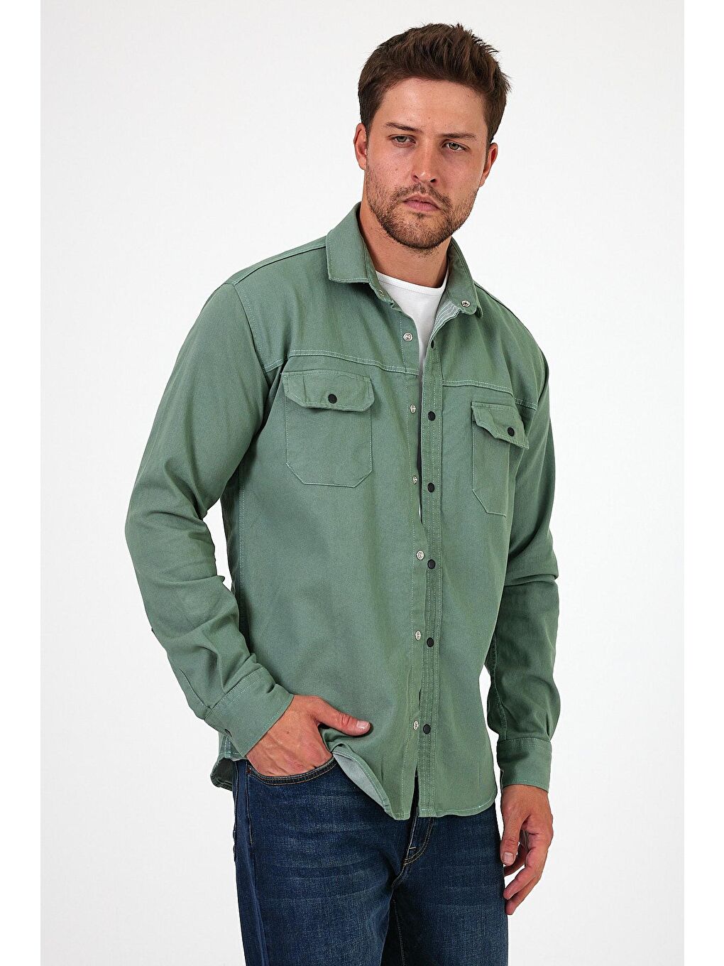 Yeşil Regular Fit Çift Cepli Çıt Çıt Düğme Detaylı  Erkek Jean Gömlek RF0290-4