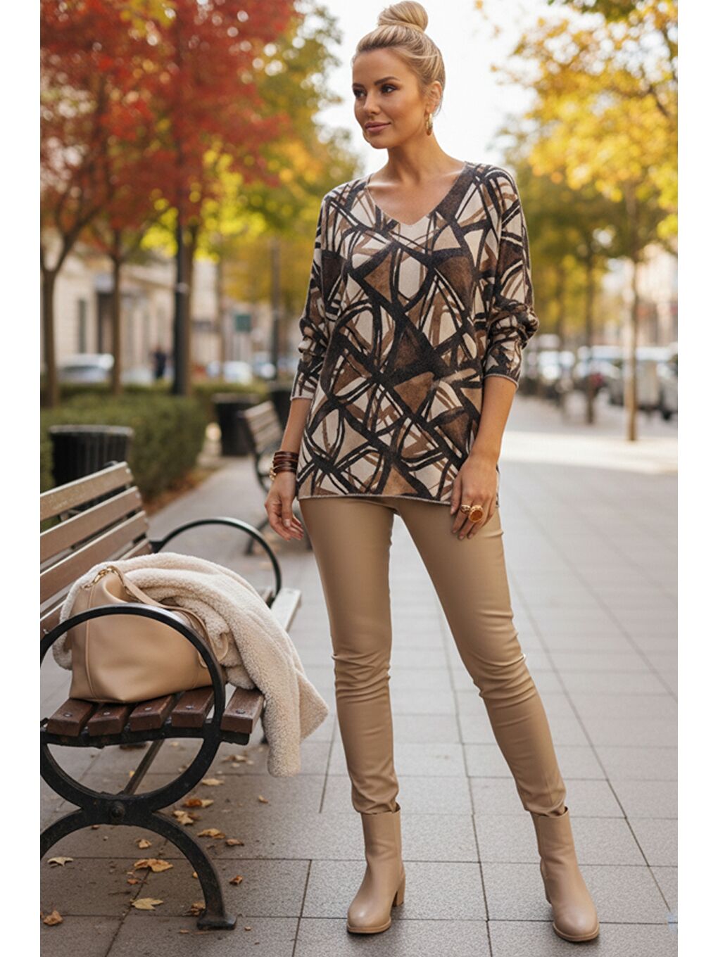 Kahverengi İtalyan Kahve-Bej V Yaka Uzun Kol Desenli İnce Casual Triko Bluz 68 65-4