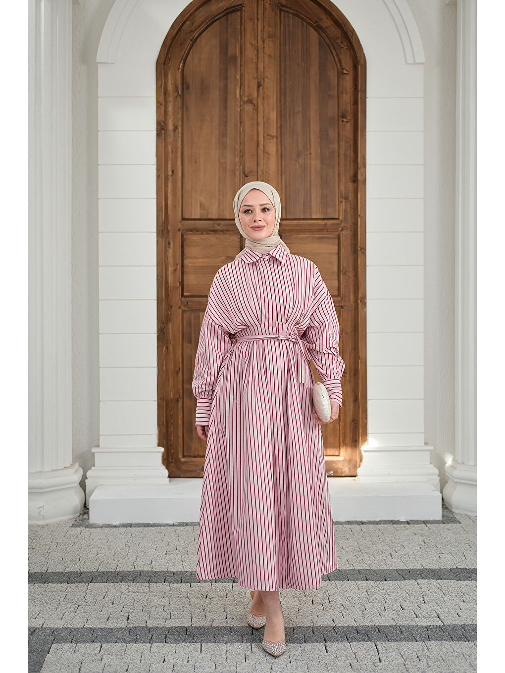 Kadın Çizgi Detay Bel Bağlamalı Elbise Pembe-3