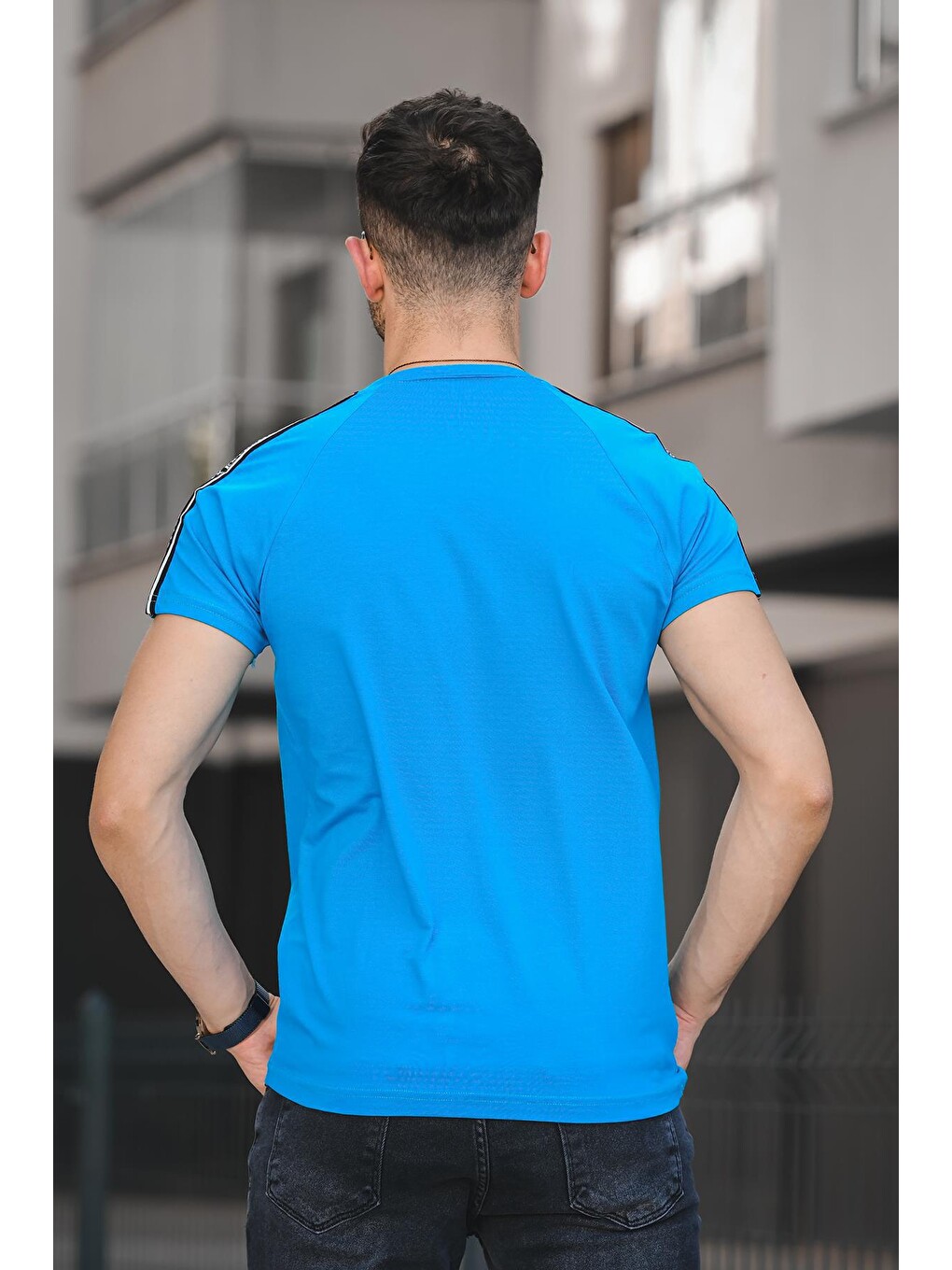 Mavi Dark Baskılı Omuz Şeritli Slim Fit Elastanlı Erkek Tişört-3