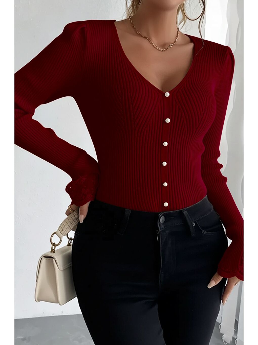 Bordo Kol Güpür Detaylı V Yaka Triko Bluz-2
