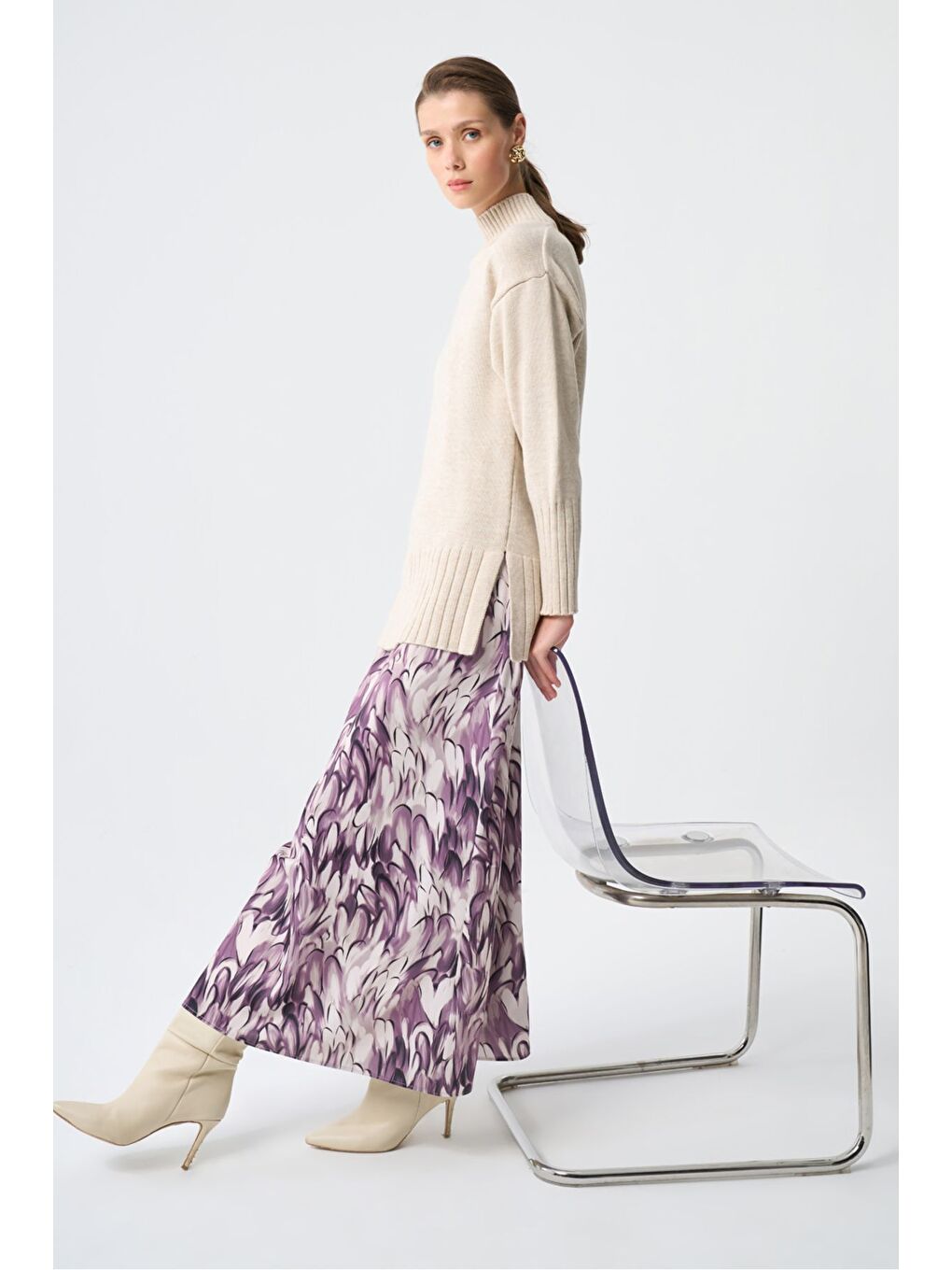 Karışık Elips Desenli Saten Desenli Etek-4