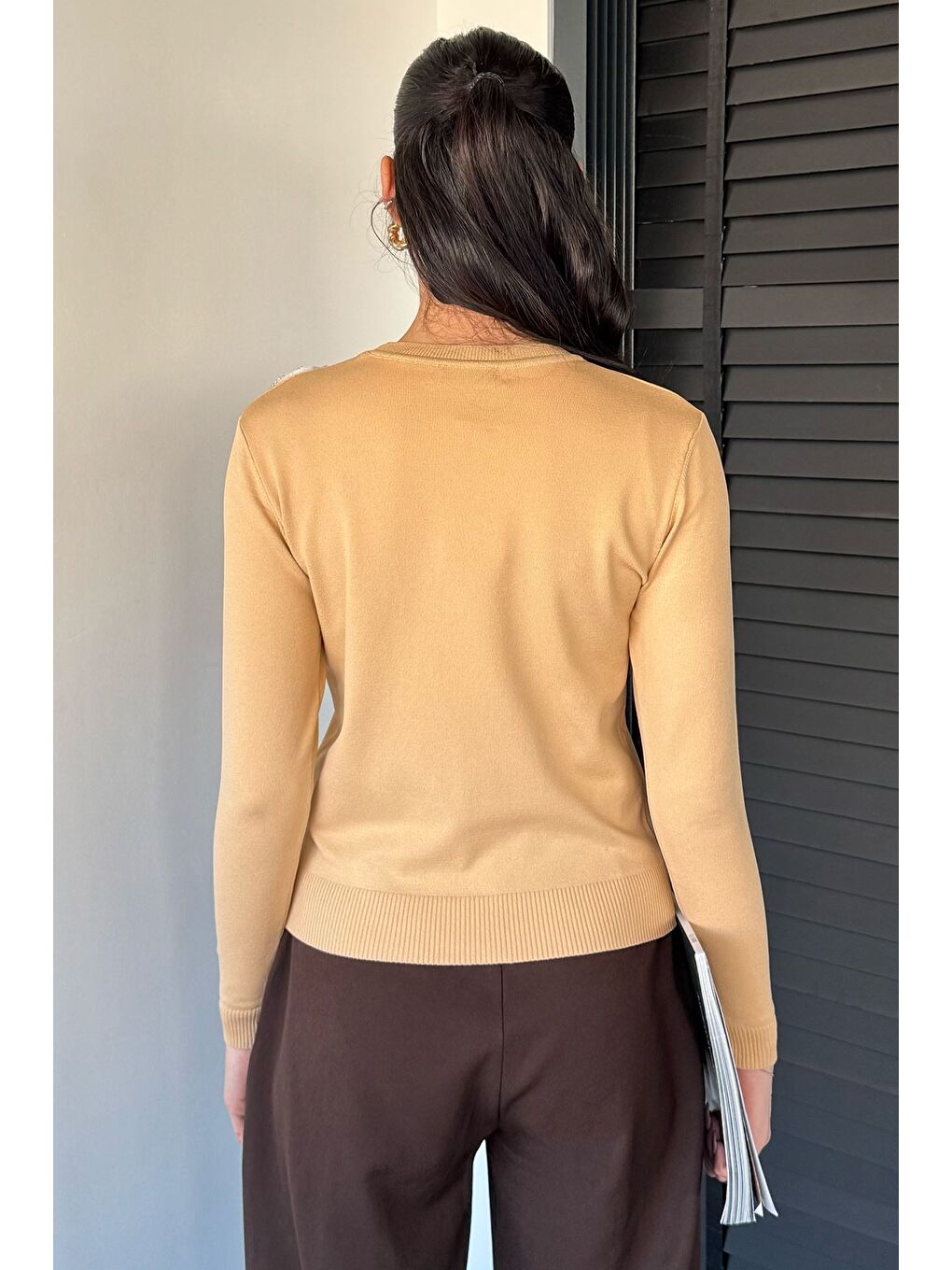 Bej Kadın Bisiklet Yaka Çiçek Figürlü Triko Bluz-3