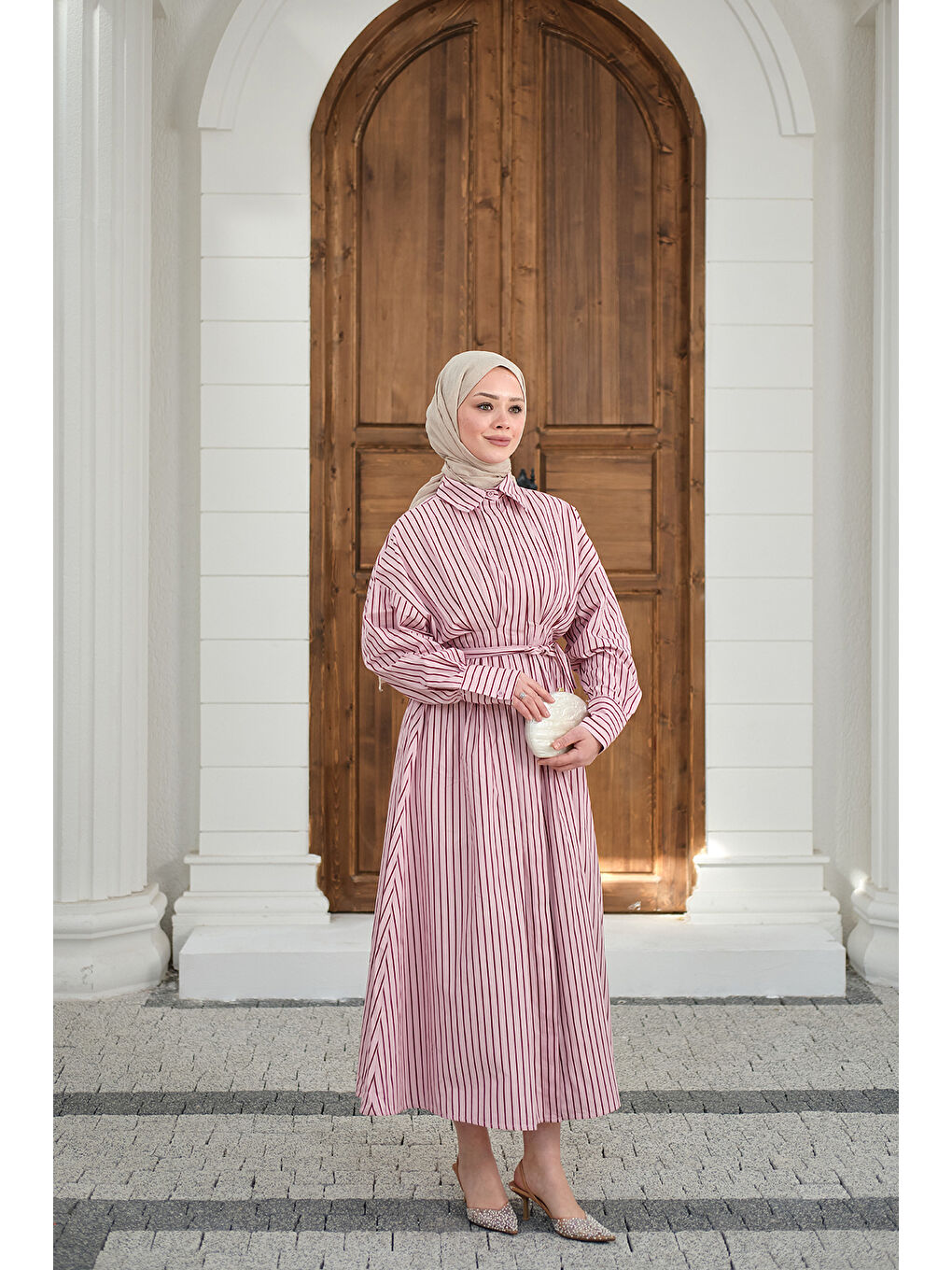 Kadın Çizgi Detay Bel Bağlamalı Elbise Pembe-4