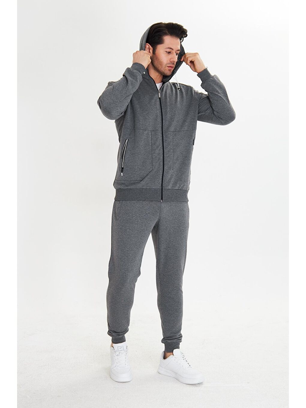 Pamuklu Kapüşonlu Erkek Eşofman Takımı Antrasit 5746-A-5