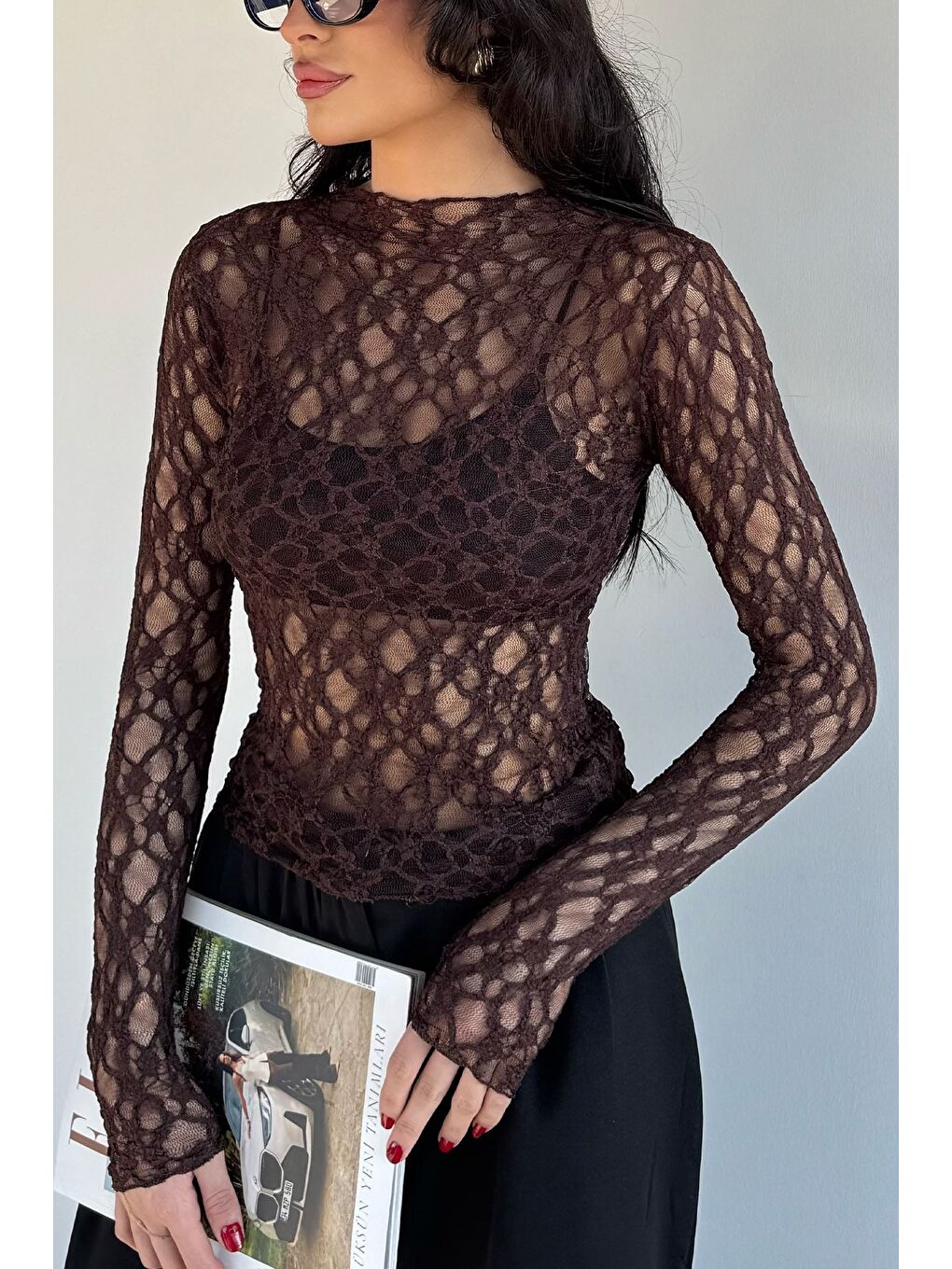 Kahverengi Kadın Dik Yaka Elastanlı Transparan Bluz-1