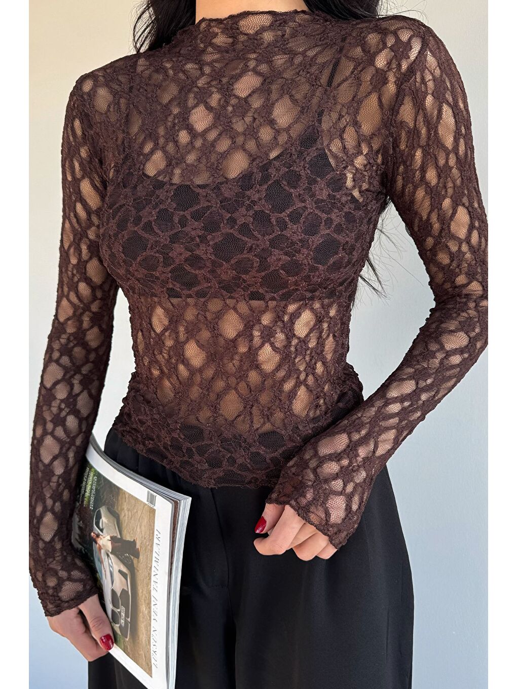Kahverengi Kadın Dik Yaka Elastanlı Transparan Bluz-2