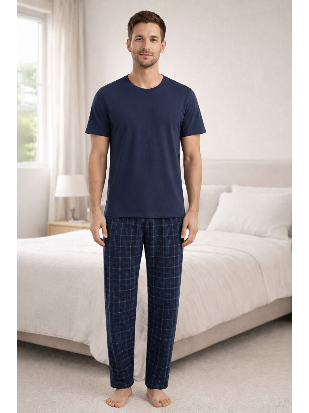 Erkek Lacivert Kısa Kollu Ekose Desenli Pamuklu Pijama Takımı