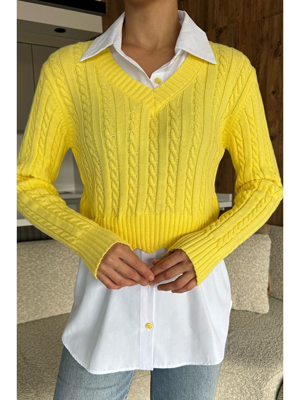 Sarı Kadın Gömlek Garnili Örgü Detaylı Triko Bluz ( S-m-l Beden Uyumludur)-1