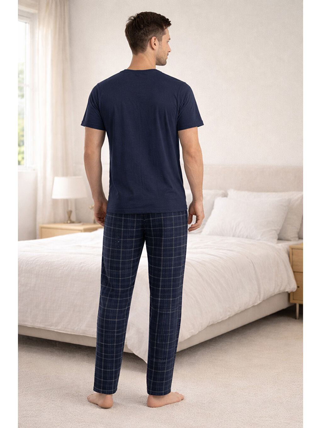 Erkek Lacivert Kısa Kollu Ekose Desenli Pamuklu Pijama Takımı-1
