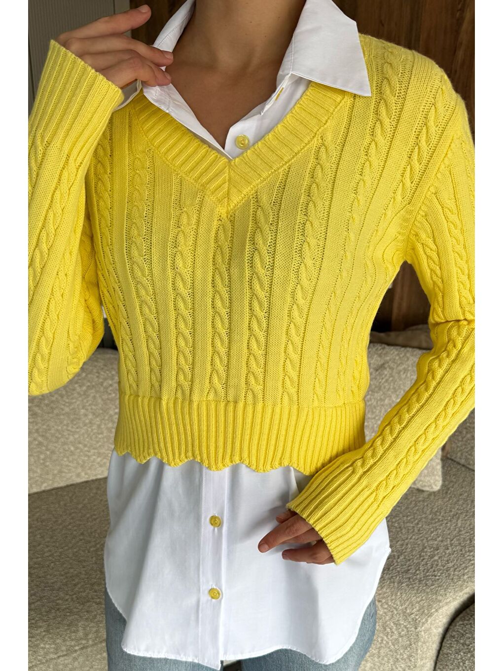 Sarı Kadın Gömlek Garnili Örgü Detaylı Triko Bluz ( S-m-l Beden Uyumludur)-2