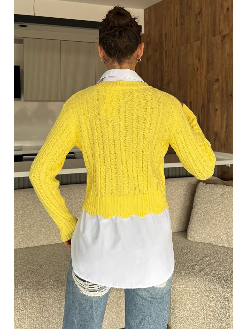 Sarı Kadın Gömlek Garnili Örgü Detaylı Triko Bluz ( S-m-l Beden Uyumludur)-3