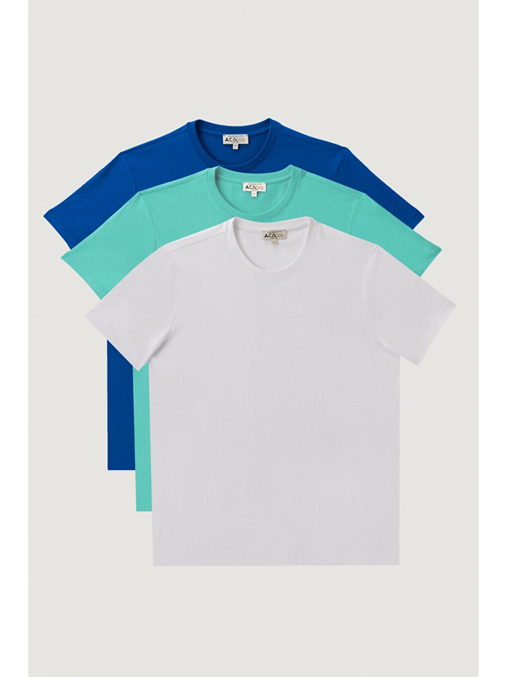 Erkek Beyaz-Turkuaz-Saks Slim Fit Bisiklet Yaka 3'lü %100 Pamuk Tişört Paketi