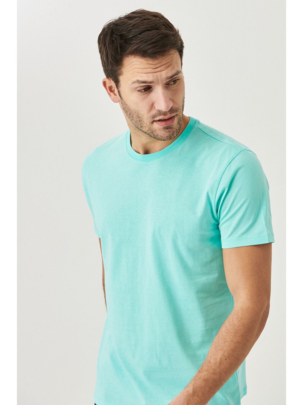 Erkek Beyaz-Turkuaz-Saks Slim Fit Bisiklet Yaka 3'lü %100 Pamuk Tişört Paketi-3