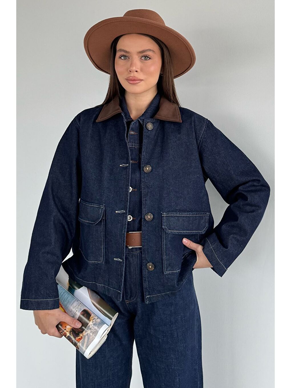 Lacivert Kadın Renk Garnili Çift Cepli Jean Jean Ceket-1