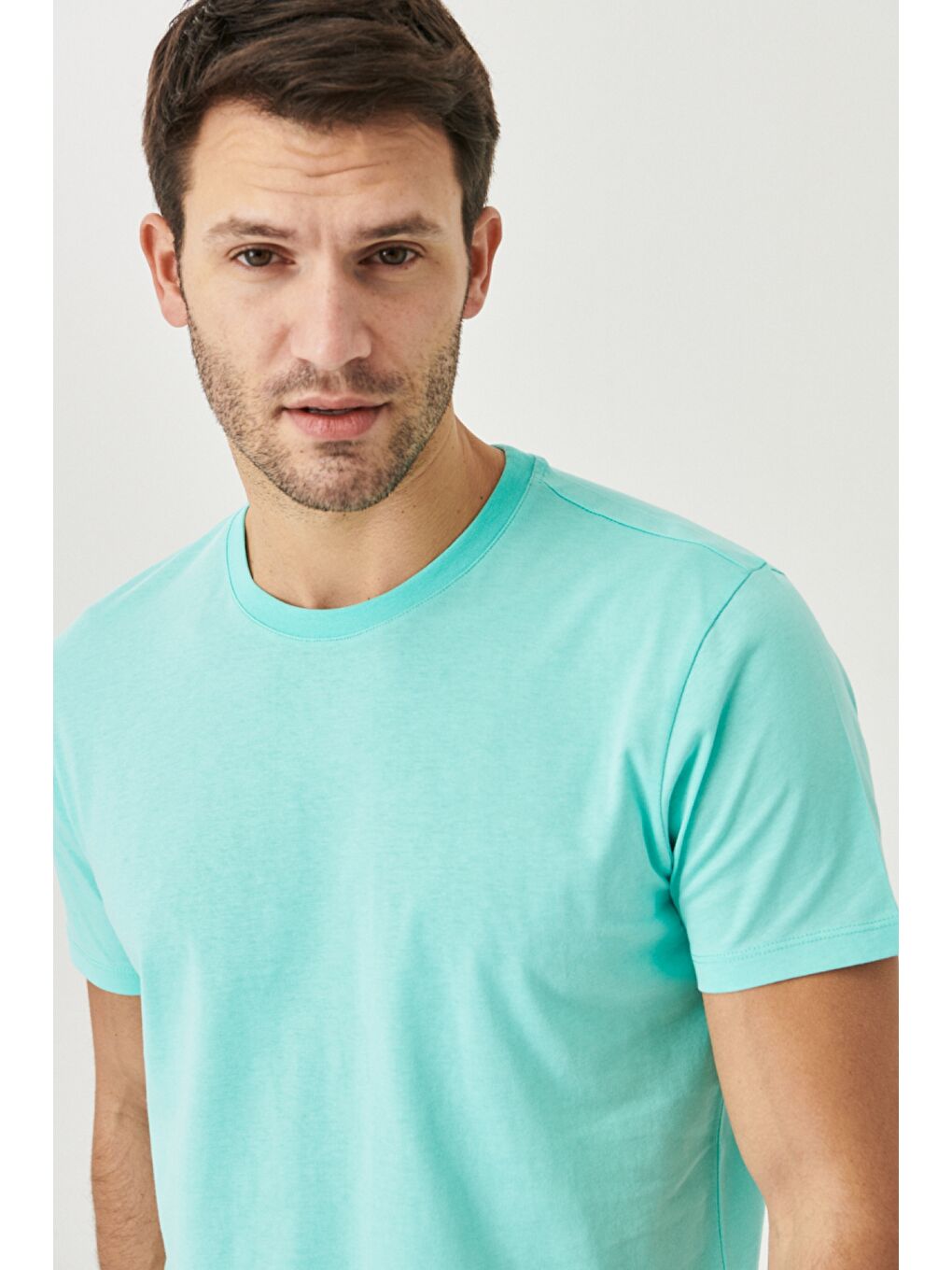 Erkek Beyaz-Turkuaz-Saks Slim Fit Bisiklet Yaka 3'lü %100 Pamuk Tişört Paketi-4