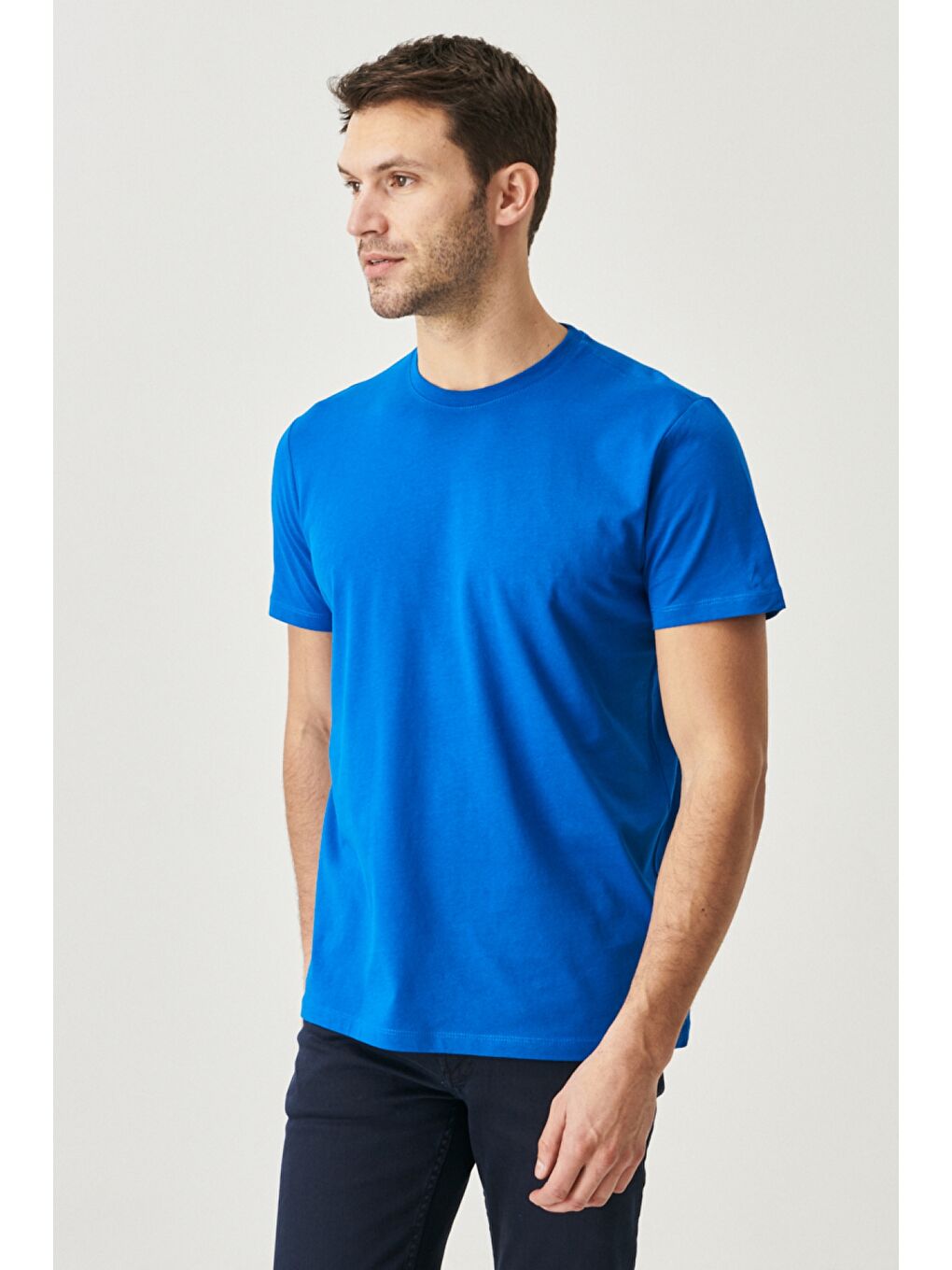 Erkek Beyaz-Turkuaz-Saks Slim Fit Bisiklet Yaka 3'lü %100 Pamuk Tişört Paketi-5