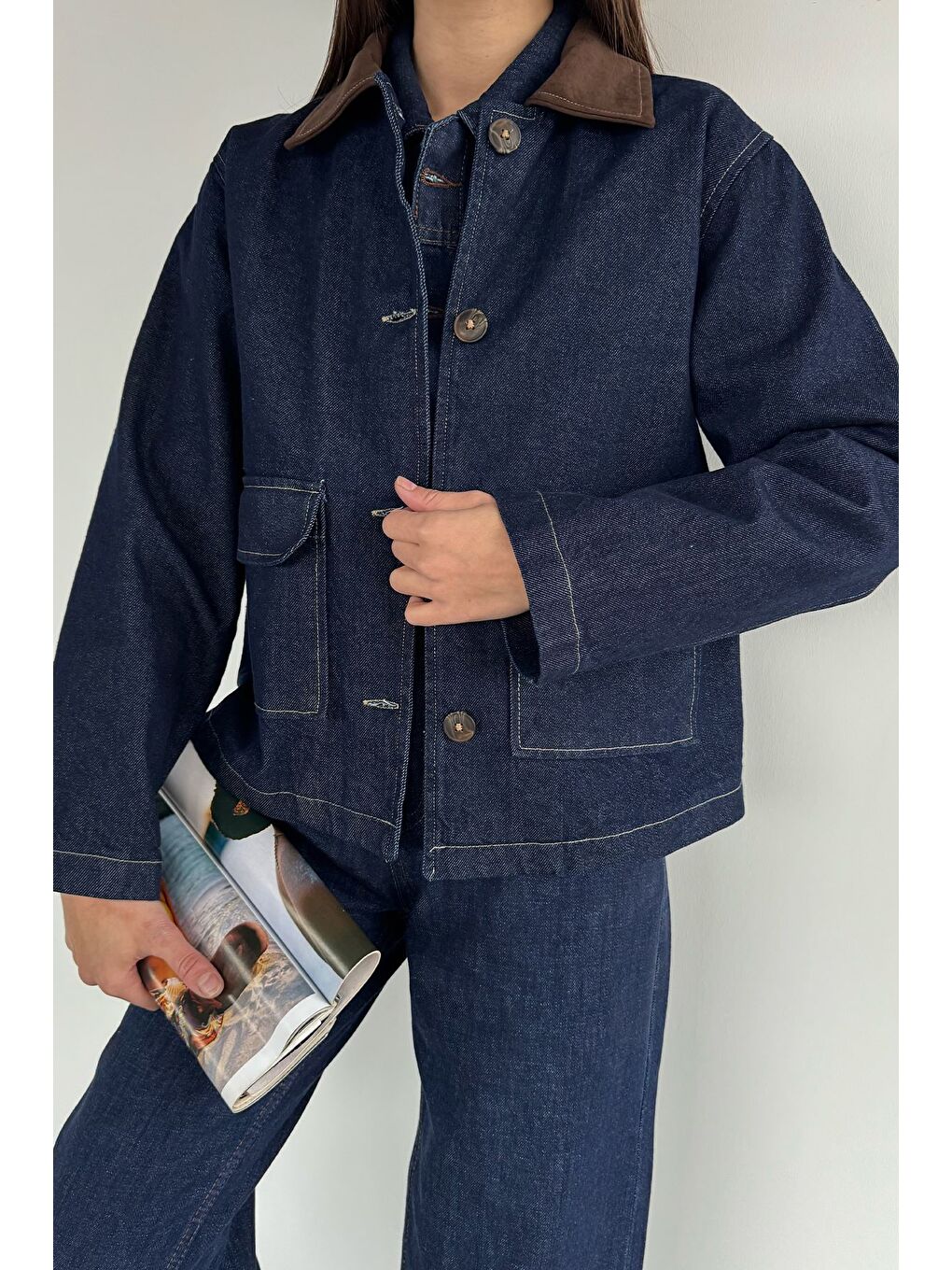 Lacivert Kadın Renk Garnili Çift Cepli Jean Jean Ceket-2